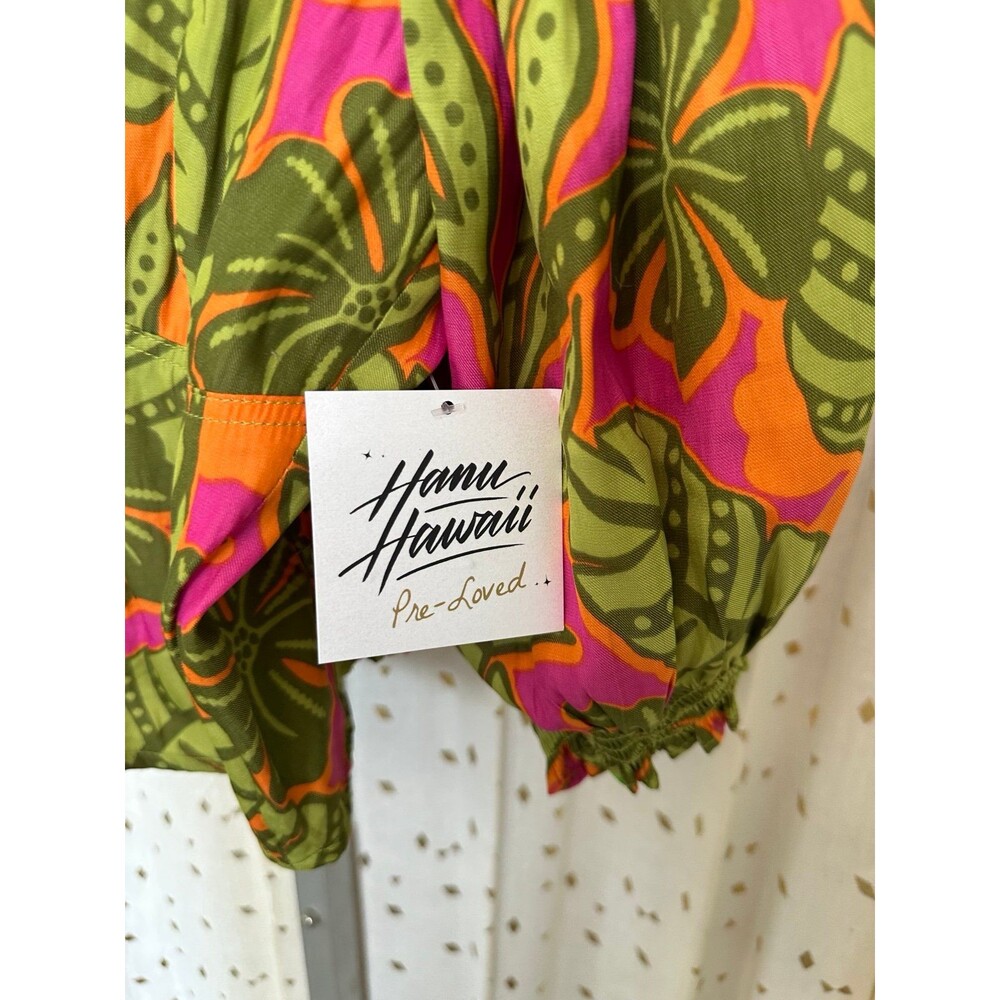 Rose + Olive Hawaiian Tropical Floral Puff Balloon Sleeve Smocked Crop Top S - Picture 3 of 7